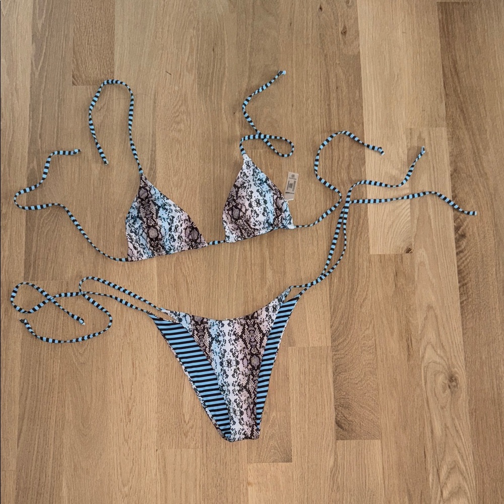Blue Snake-Print and Stripe Reversible Tie Bikini Set - Women Swim